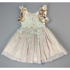 Trish Scully Child Embroidered Neutral Gold Lace Dress Girls Size 4t